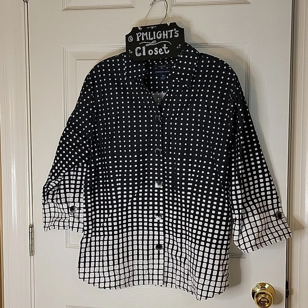 Westbound Woman Wrinkle Free Blouse 16W Black White Dots Squares button up